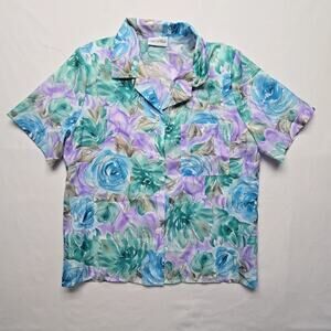 Vintage Laura Mae Floral Shirt Blue Purple Short Sleeve Womens XL Button Up 90s
